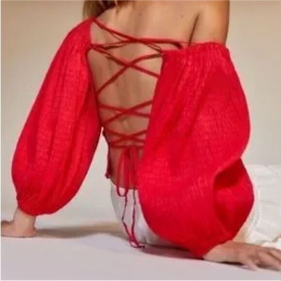 Urban Outfitters NWT square neck balloon sleeves tie back top.  Size: S - Picture 1 of 5